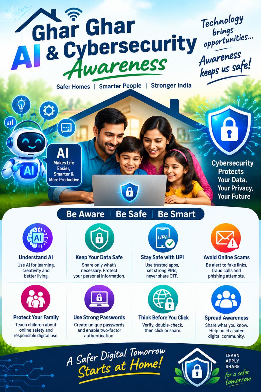 Ghar Ghar AI & Cybersecurity Awareness poster — a family using a laptop together, with eight tips for staying safe online